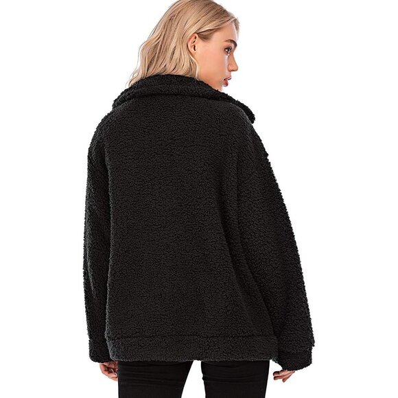 Women Black Casual Fleece Faux Shearling Coat Lapel Zipper Warm Oversized Winter - Picture 5 of 6